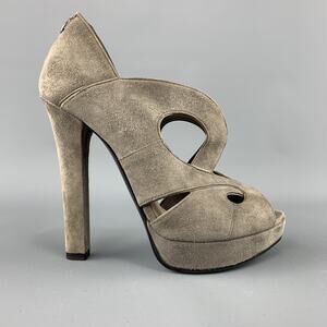 BOTTEGA VENETA Size 7 Grey Suede Patent Leather Piping Peep Toe Sandals